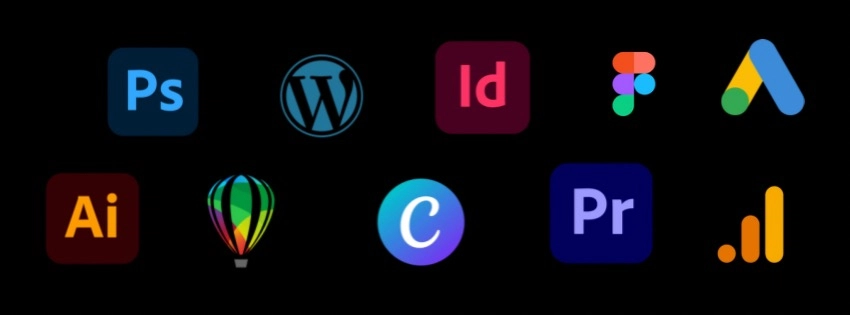 icons of tools hansheena nasrin uses as the best digital marketer and graphic designer