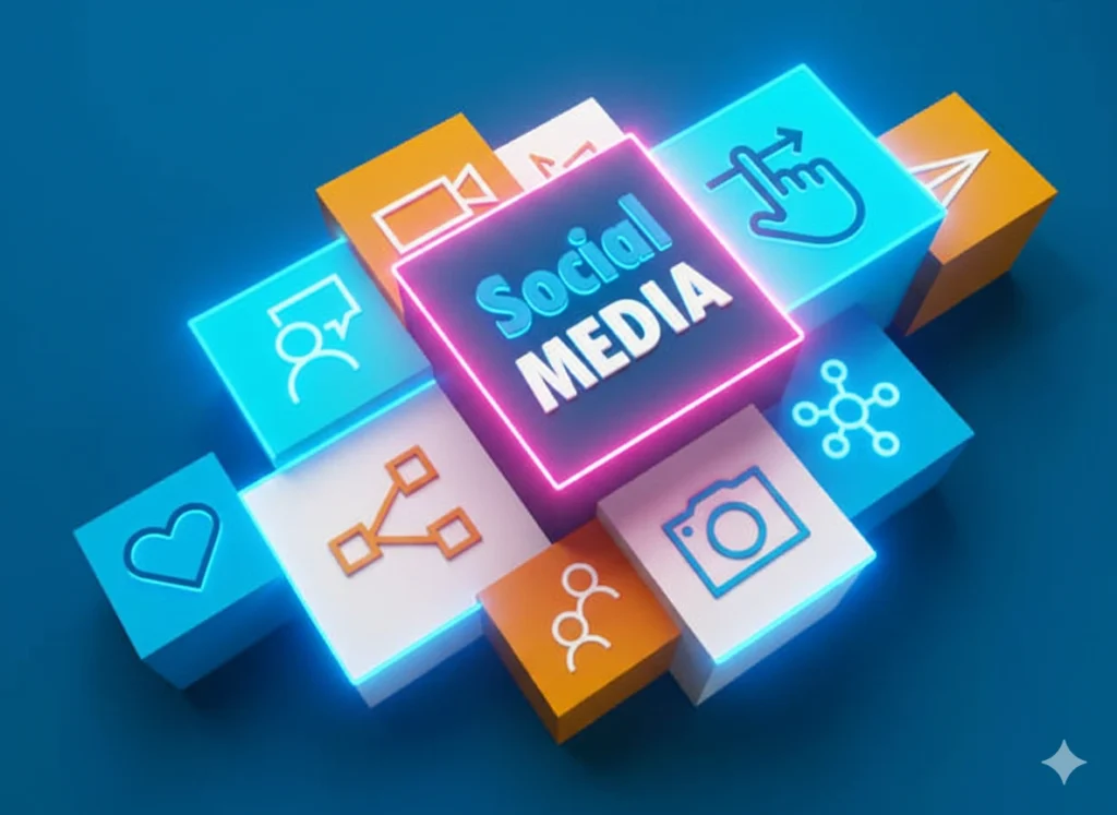 image of social media icon blocks forming a digital marketing concept graphics used by the top digital marketing strategist in Kasaragod