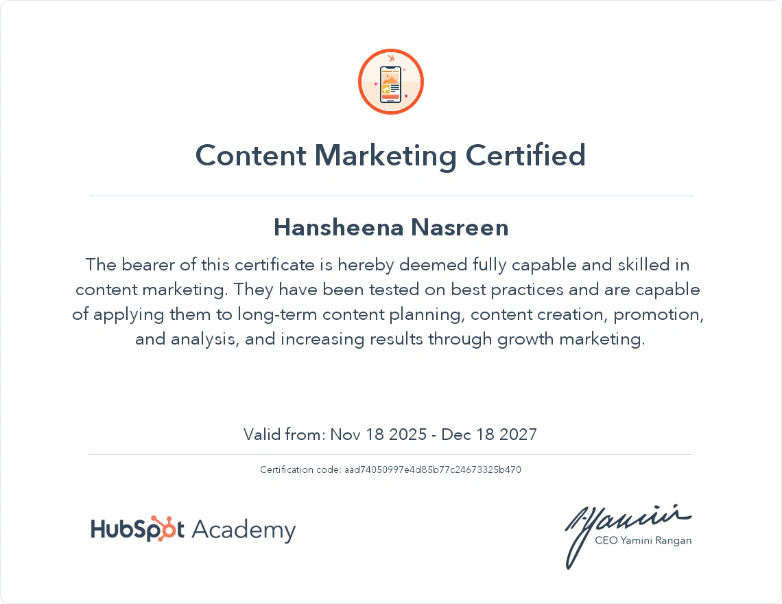 HubSpot Content Marketing Certificate of Hansheena Nasrin, the best di