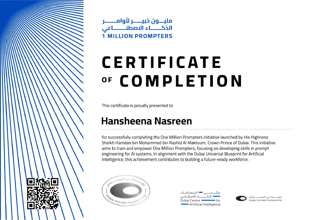 Dubai One Million Prompters Certificate of Hansheena Nasrin, the best digital marketing strategist in Kasaragod