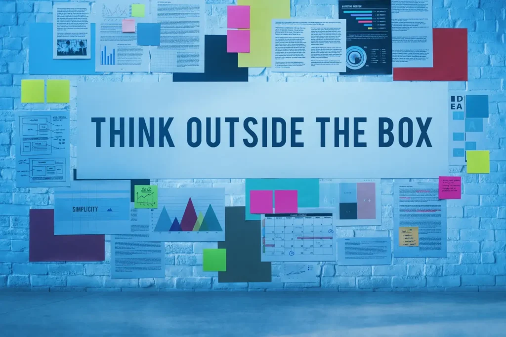Image of a wall covered with creative notes and charts with a large signs that says "think outside of the box" used by the digital marketing strategist in kasaragod